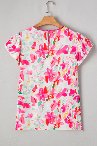 Lässige Bluse mit Rosen-Blumendruck, Flatterärmeln und Rundhalsausschnitt