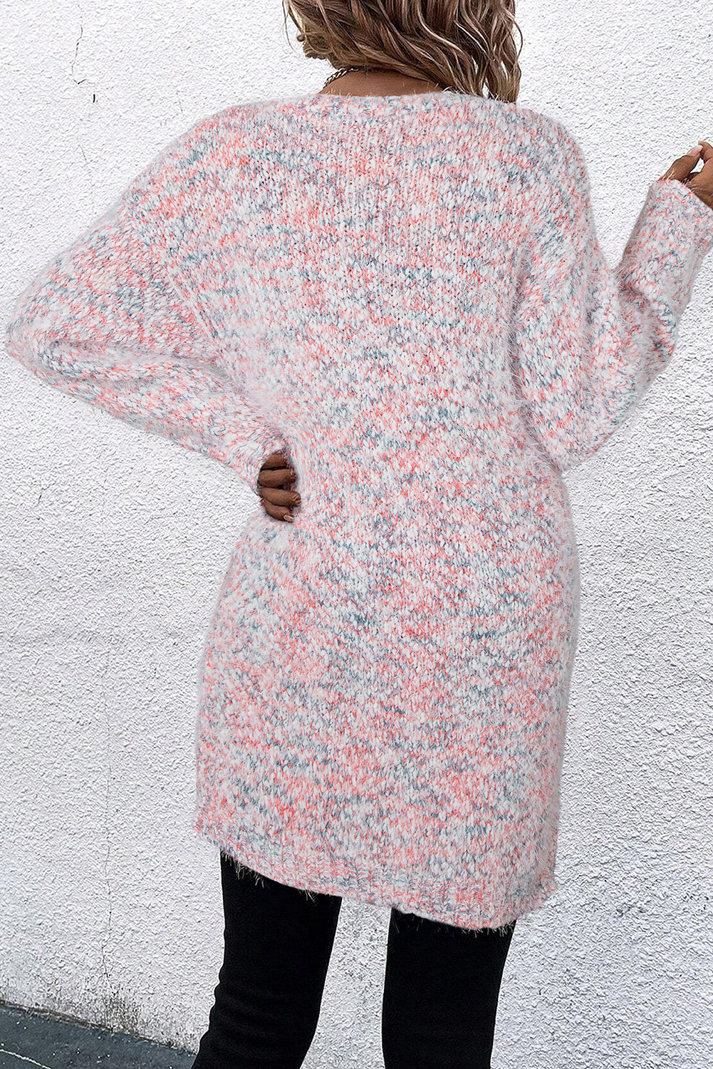 Rosa, mehrfarbige Strickjacke mit offener Vorderseite und Konfetti