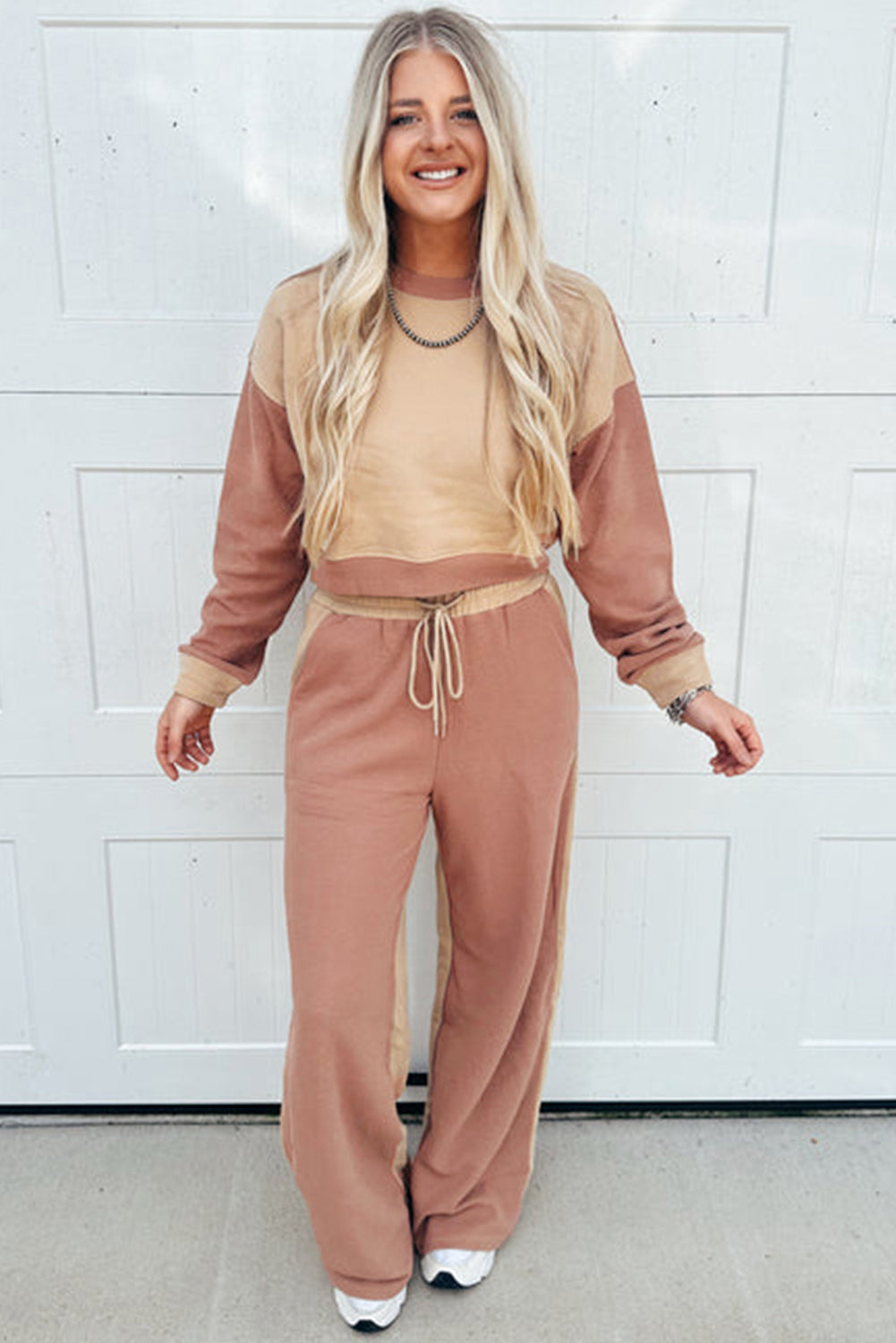 Khaki Color Block Long Sleeve Crop Top Drawstring Pant Set