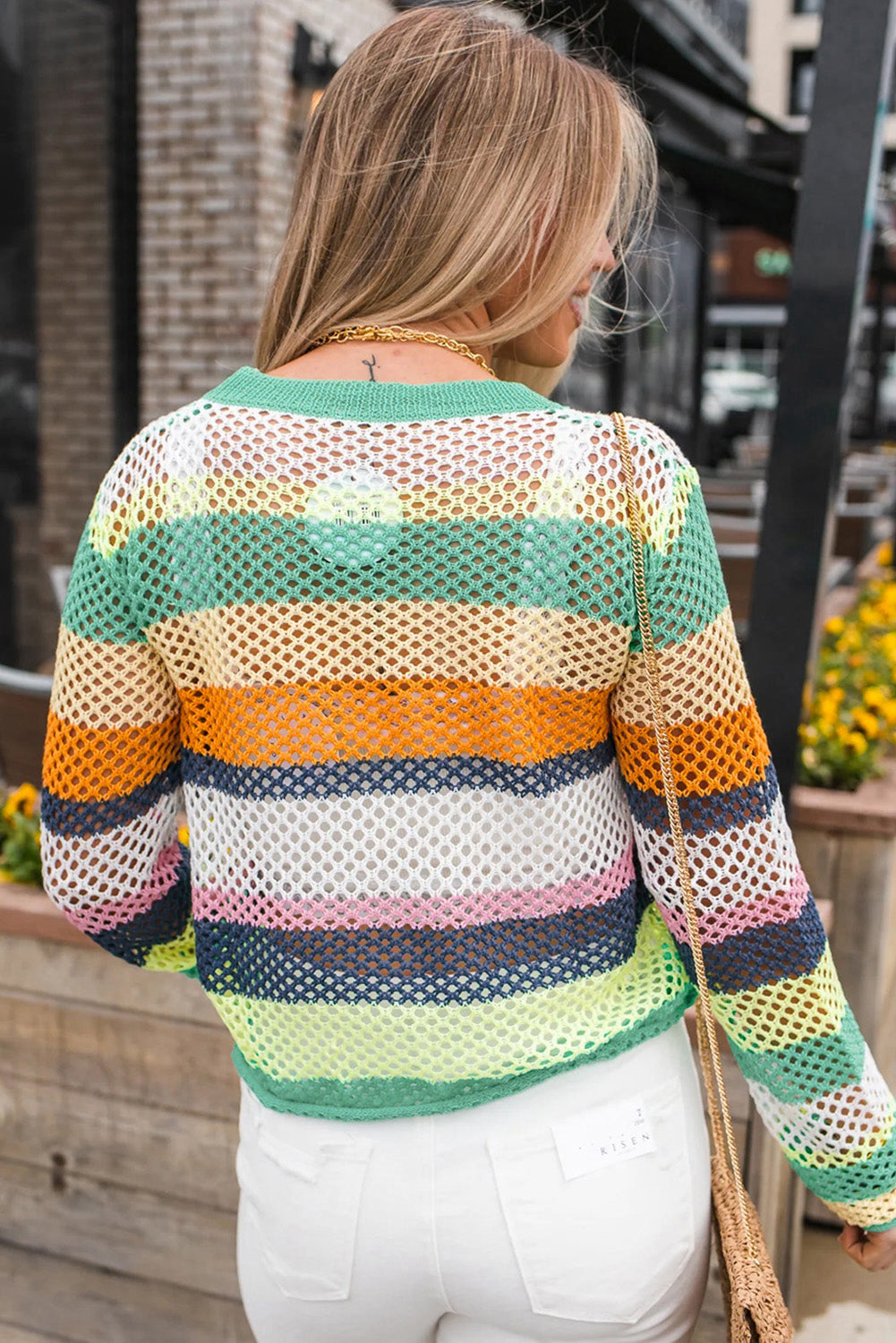 Grüner Colorblock-Patchwork-Strickpullover mit Häkel-Ösen