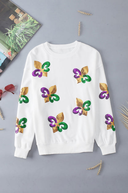 Weißes Pullover-Sweatshirt mit Mardi Gras-Grafik und Pailletten