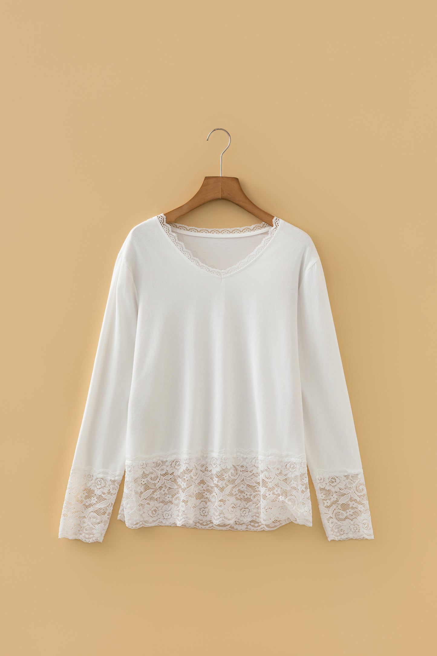 White Lace Trim V Neck Cuffed Long Sleeve Loose Top