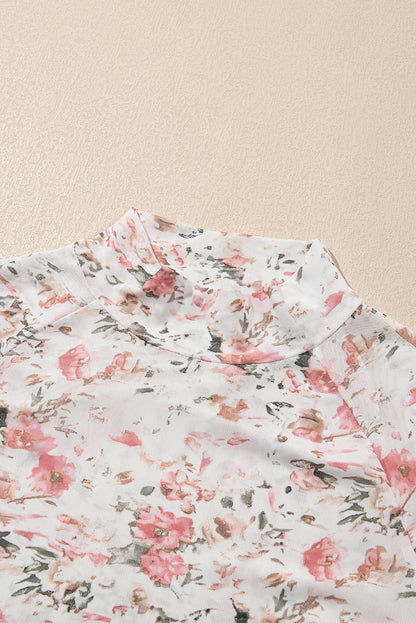 Rosa, geblümte, langärmlige Etui-Bluse aus Netzstoff mit hohem Halsausschnitt