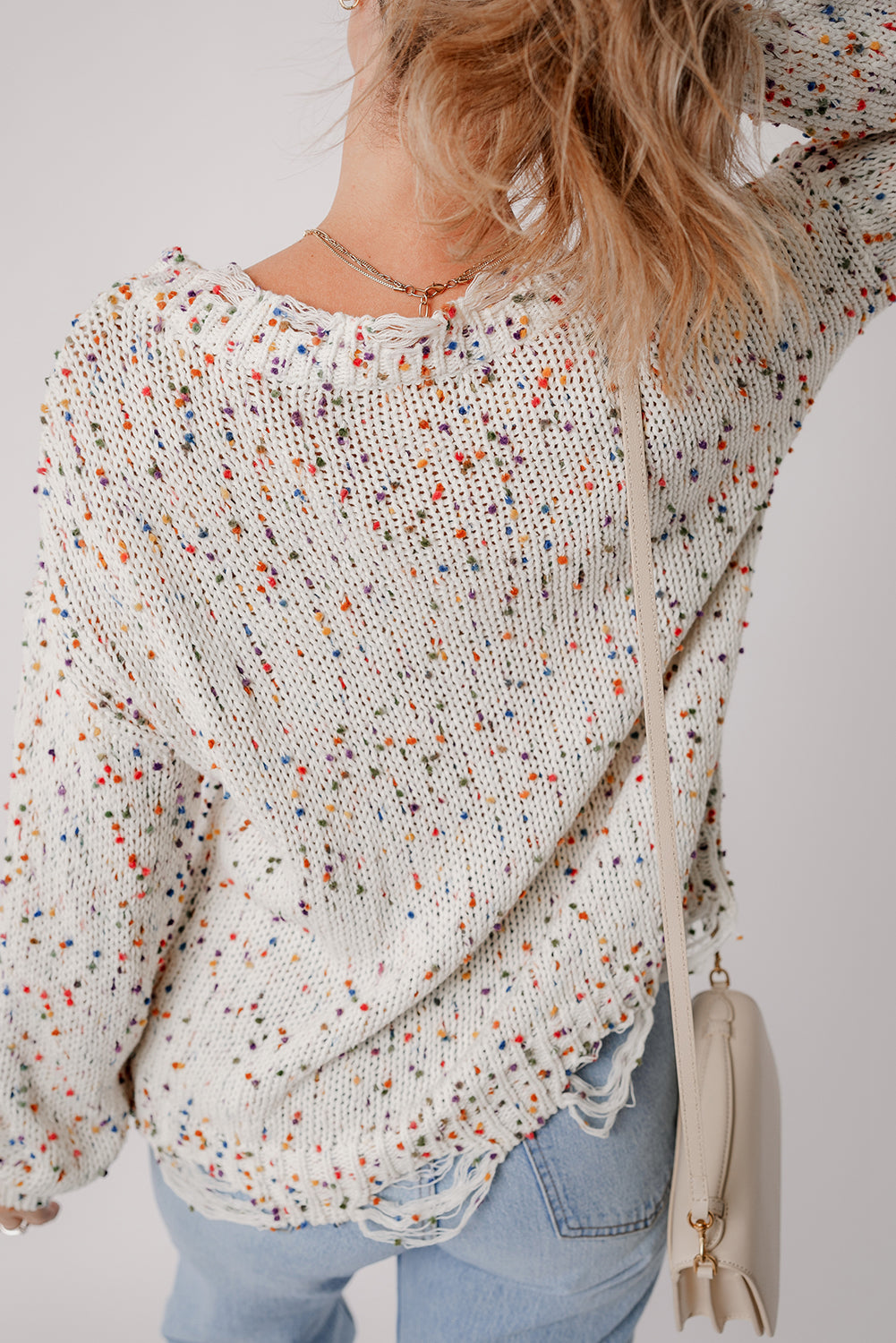 White Colorful Popcorn Knit Distressed Tunic Sweater