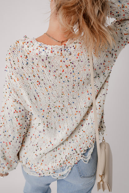 White Colorful Popcorn Knit Distressed Tunic Sweater