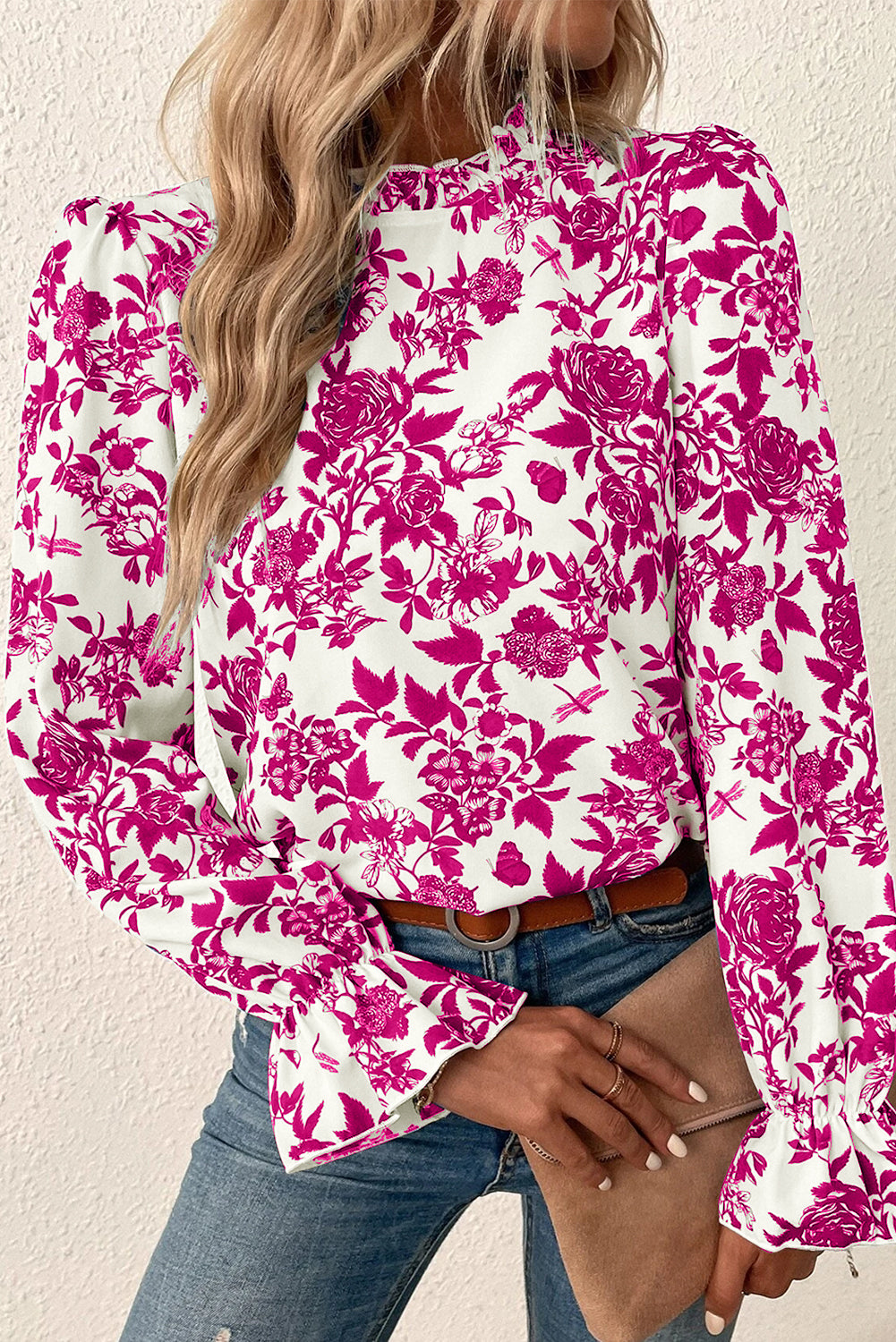 Bluse mit Rosen-Blumendruck, Volantärmeln und Schlüsselloch-Rücken