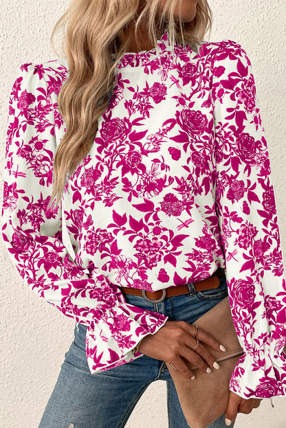Bluse mit Rosen-Blumendruck, Volantärmeln und Schlüsselloch-Rücken
