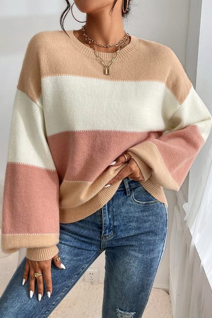 Altrosa Pullover mit Farbblock-Laternenärmeln und überschnittener Schulter