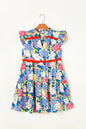 Sky Blue Floral Printed V Notched Ric Rac Flutter Sleeve Dress
