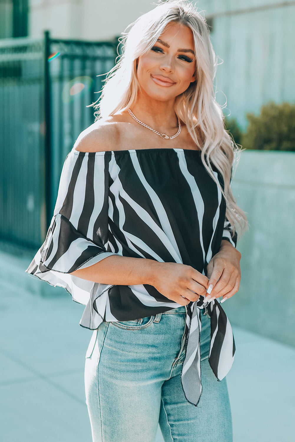 Off The Shoulder Vertical Stripes Blouse in Black