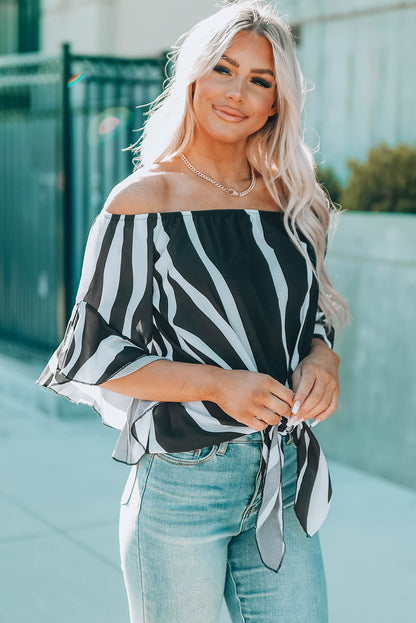 Off The Shoulder Vertical Stripes Blouse in Black