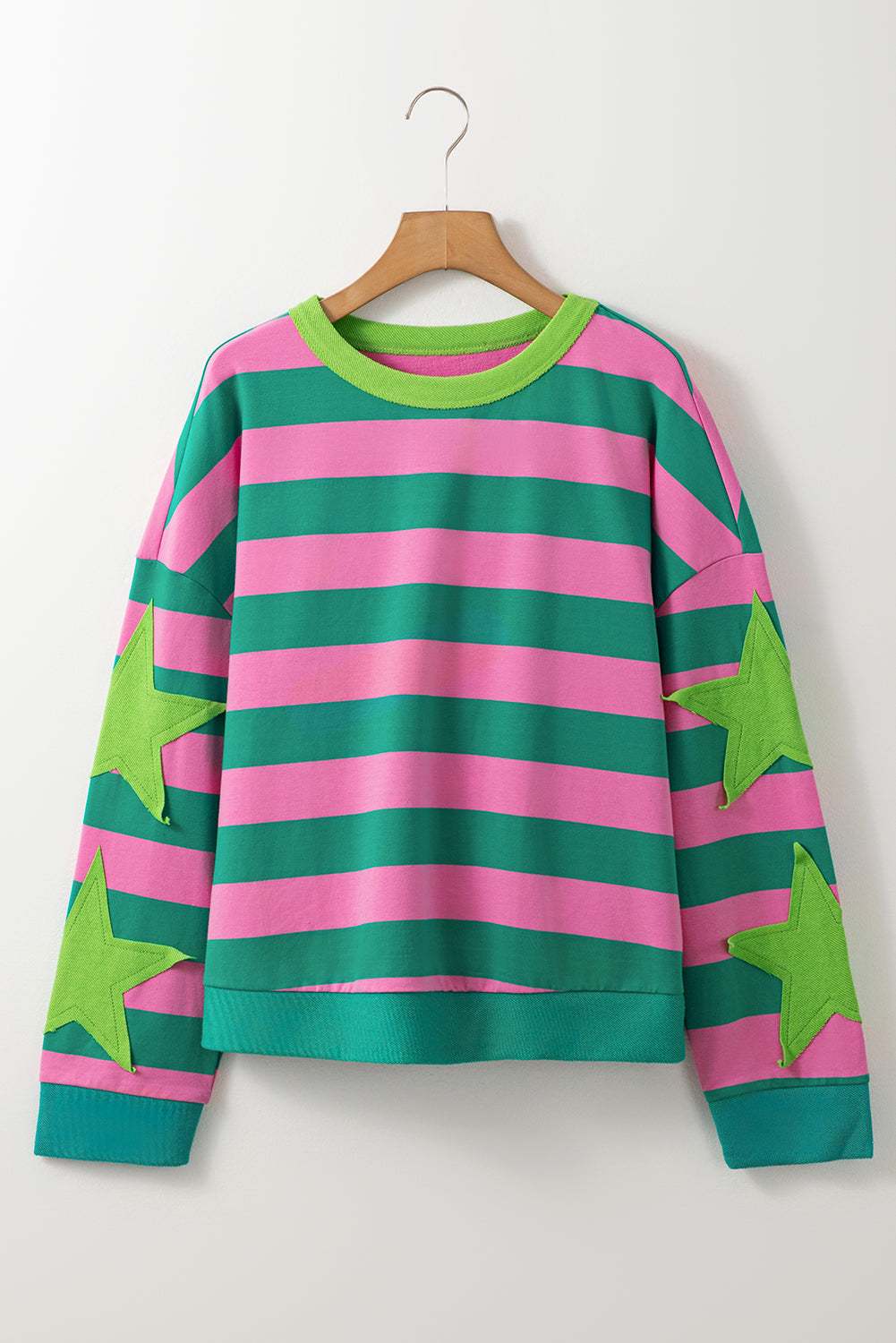 Rosa gestreiftes Stern-Patchwork-Pullover-Sweatshirt mit Rundhalsausschnitt