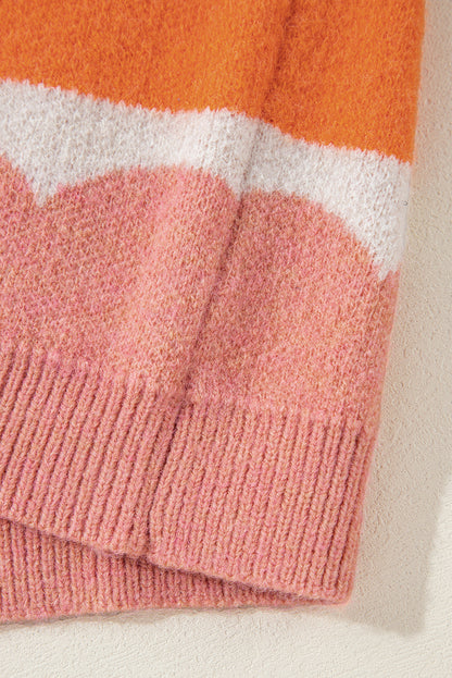 Rosaroter Pullover mit Wellenstreifen und Ballonärmeln sowie überschnittener Schulter