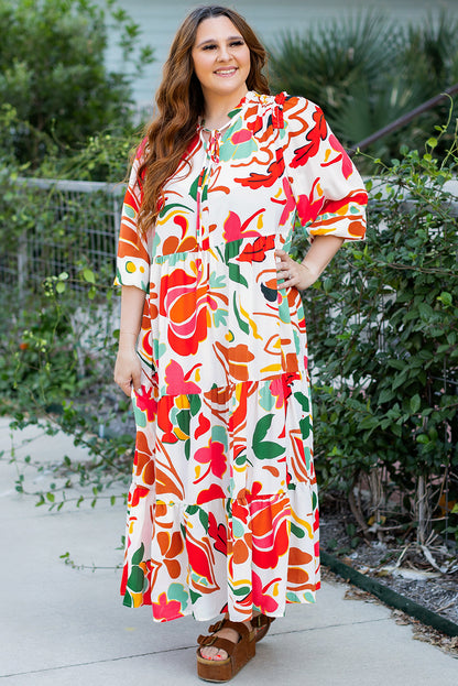 Oranges Kleid mit Blumenmuster und Kordelzug und V-Ausschnitt in Übergröße