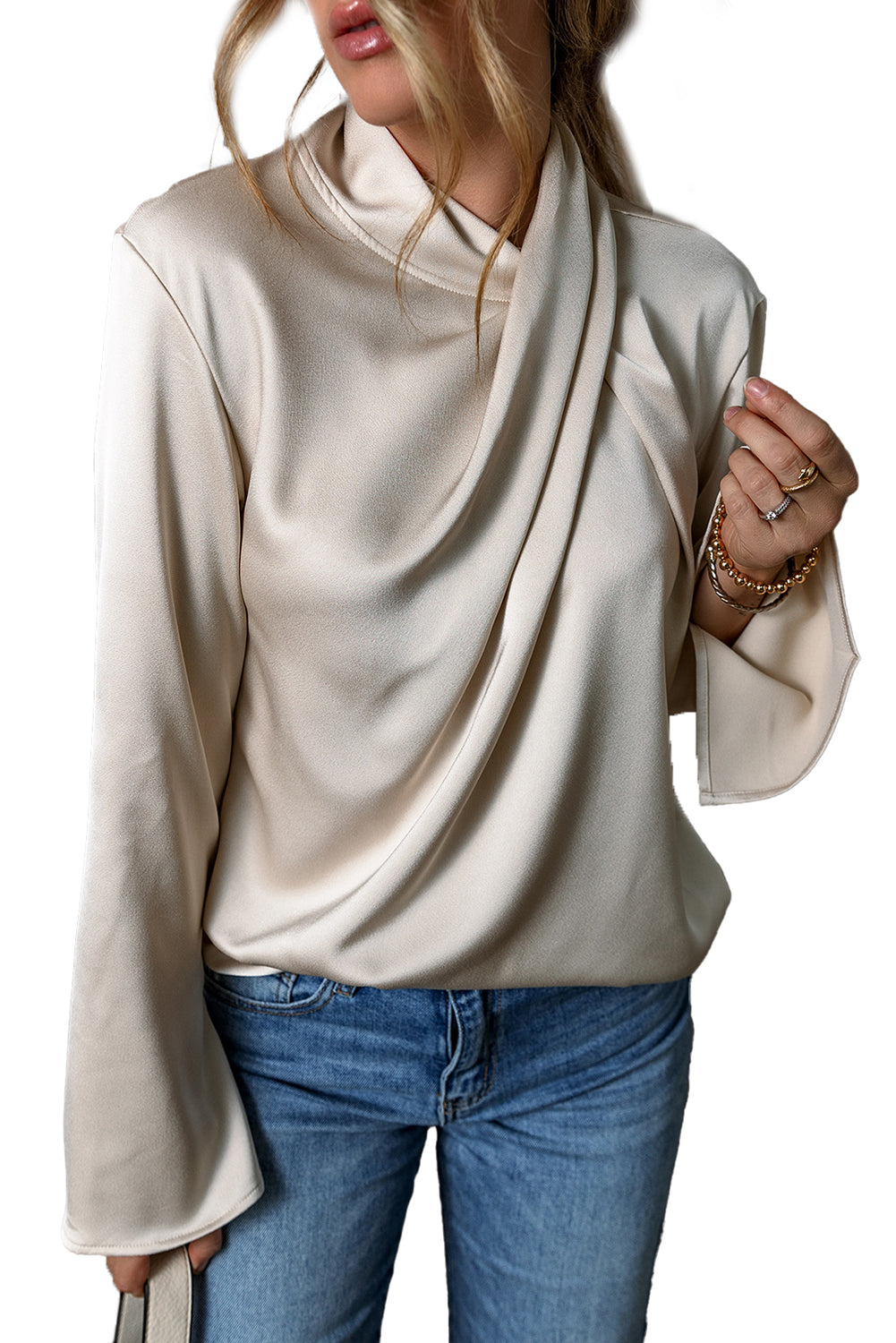 Jet Stream Satinbluse mit gekreuzter Vorderseite und Schlitz hinten