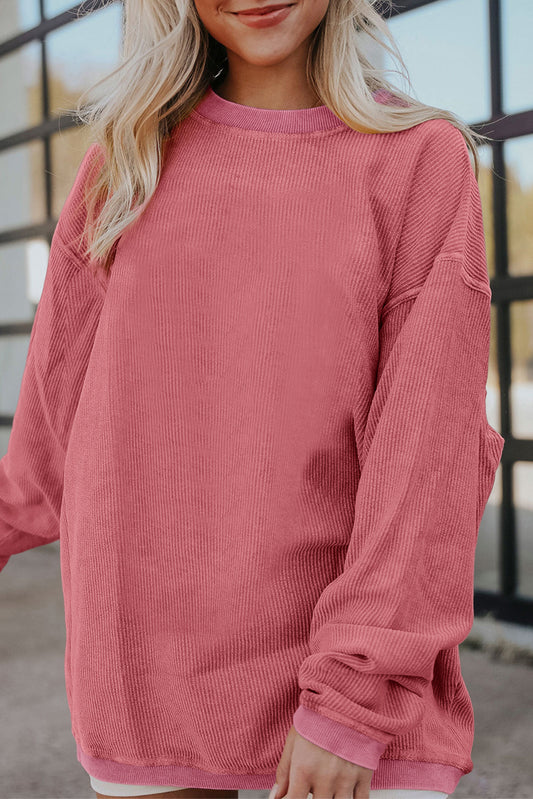 Erdbeerrosa, geripptes Oversize-Sweatshirt mit Kordelzug