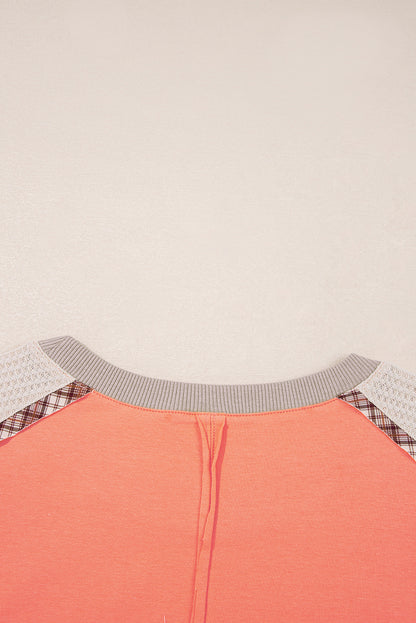 Grapefruit Orange Plaid Waffle Flower Patchwork Bracelet Sleeve Top