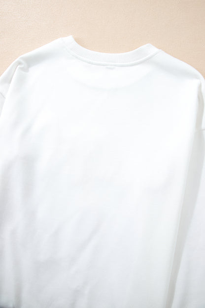Weißes Lametta-Sweatshirt mit Game Day-Grafik und überschnittener Schulter