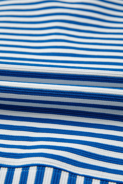 Blue Stripe Quarter Zip Collar Pullover Long Sleeve Top