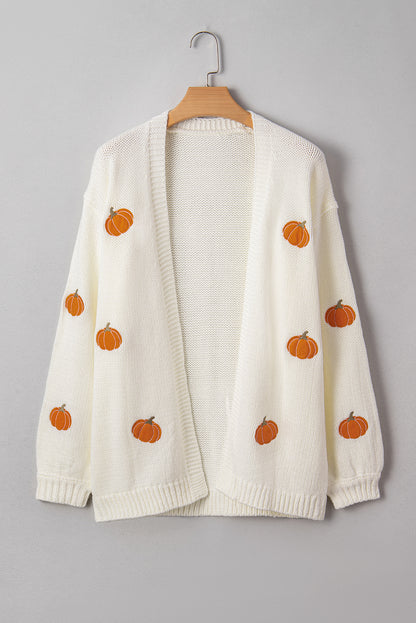 White Pumpkin Print Open Front Drop Shoulder Midi Cardigan