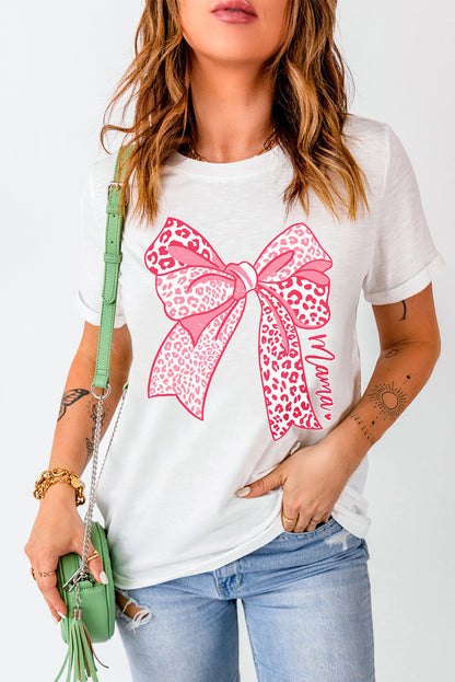 Weißes T-Shirt mit Leopardenmuster und Schleife zum Muttertag