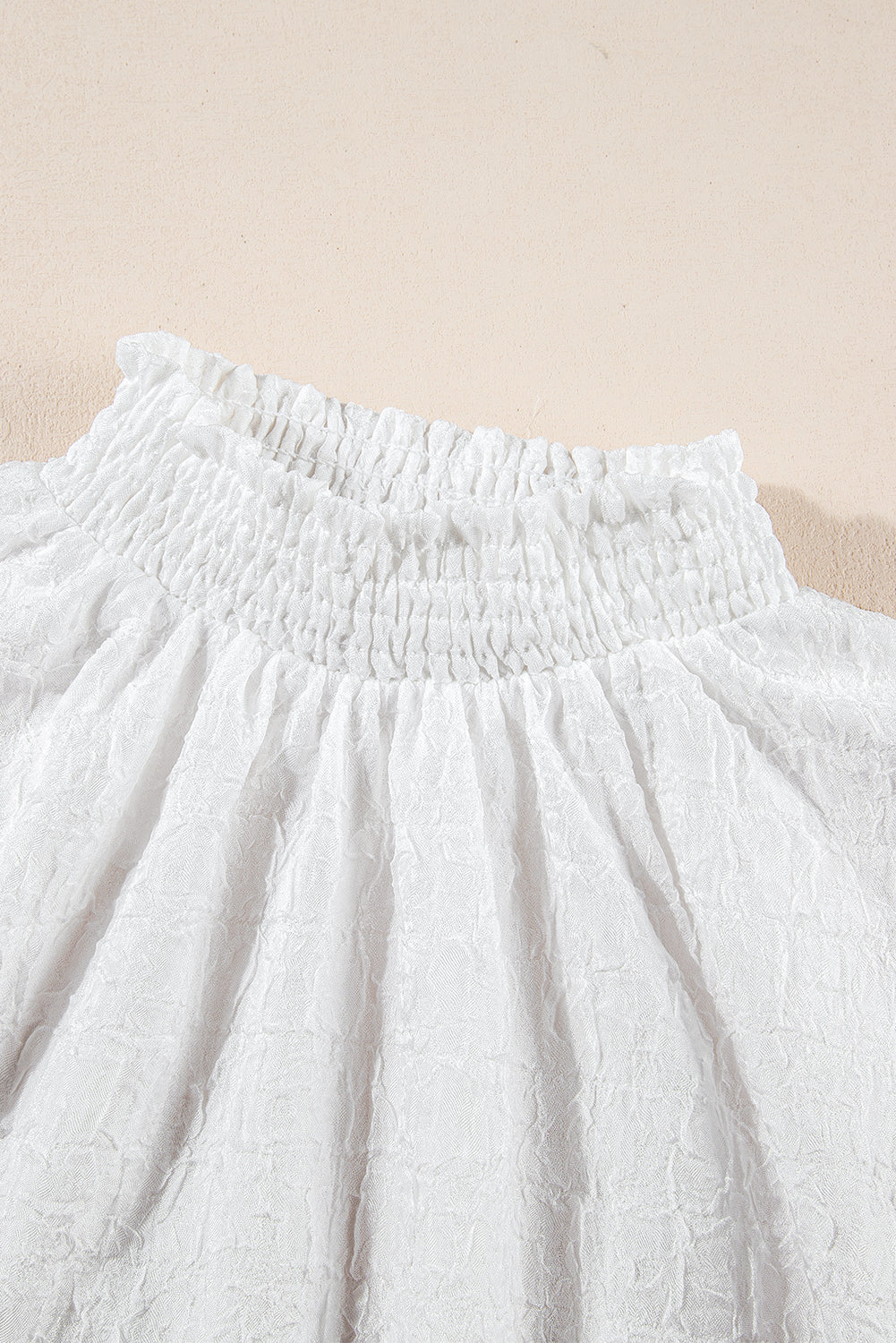 White Smocked Collar Sequin Flower Puff Sleeve Textured Top