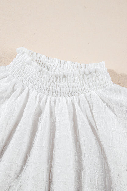 White Smocked Collar Sequin Flower Puff Sleeve Textured Top