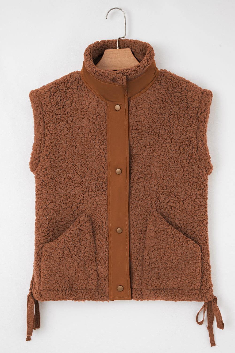 Cinnamon Faux Fur Snap Button Front Knot Side Plush Vest with Pockets