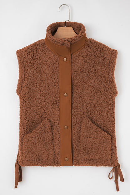 Cinnamon Faux Fur Snap Button Front Knot Side Plush Vest with Pockets