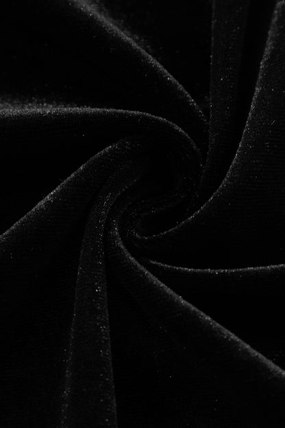 Schwarzes Midikleid aus Samt mit Knöpfen, Puffärmeln, V-Ausschnitt und Schlitz