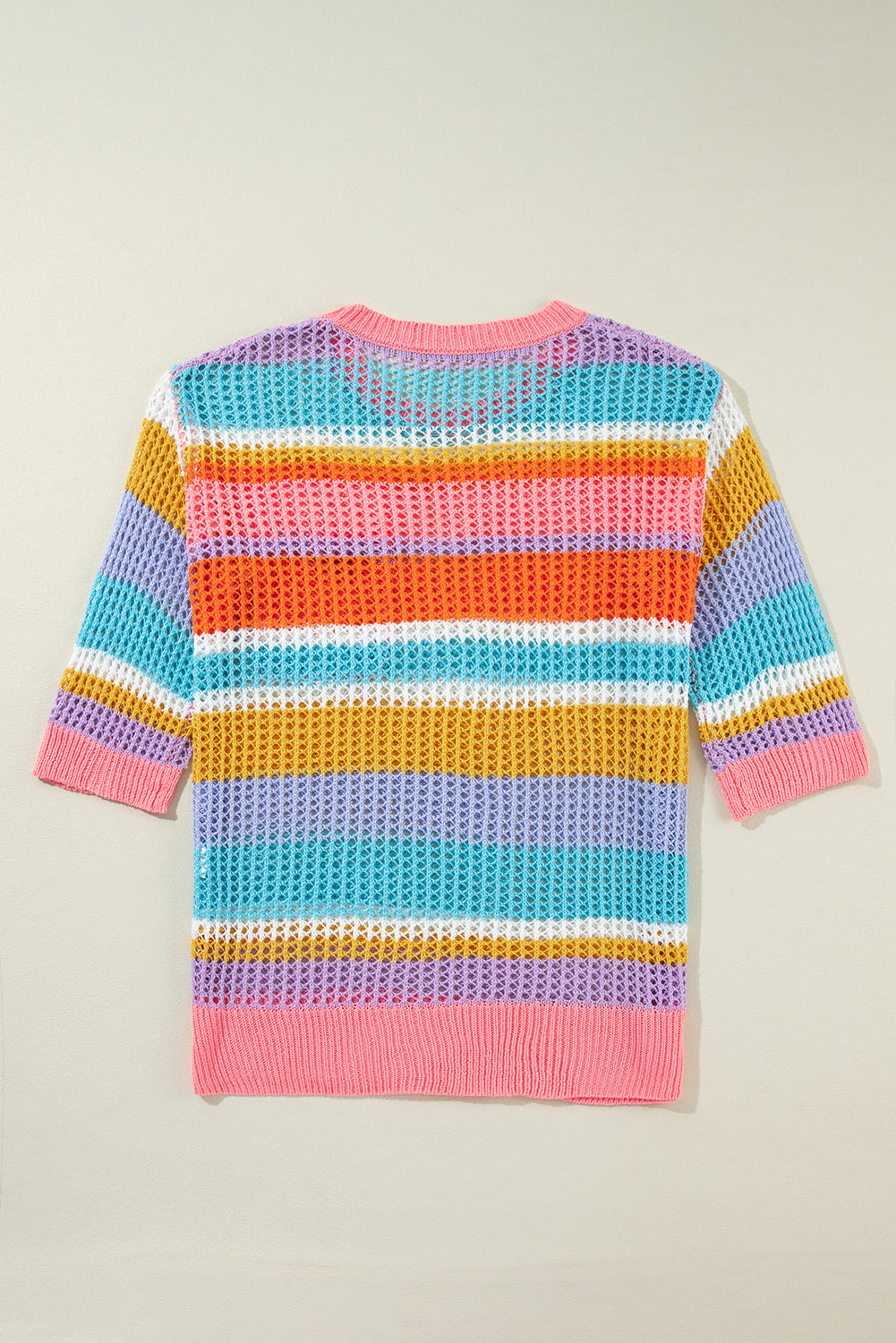 Rosa gestreifter Colorblock-Pullover mit 3/4-Ärmeln und ausgehöhltem Häkelmuster