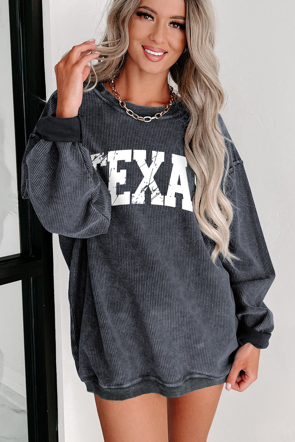 Graues Pullover-Sweatshirt mit Kordelzug und TEXAS-Grafik
