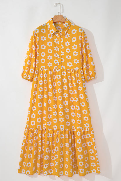 Yellow Flower Print Bracelet Sleeve Buttons Collared Maxi Dress