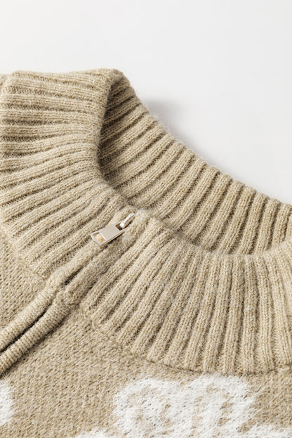 Khakifarbener Pullover mit Blumenmuster und halblangem Reißverschluss und überschnittener Schulter