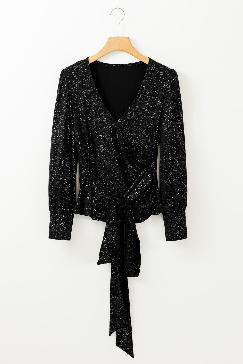 Schwarze Glitzer-Wickelbluse mit V-Ausschnitt, Bindesaum und Puffärmeln