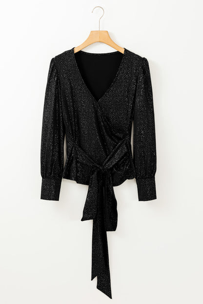 Schwarze Glitzer-Wickelbluse mit V-Ausschnitt, Bindesaum und Puffärmeln