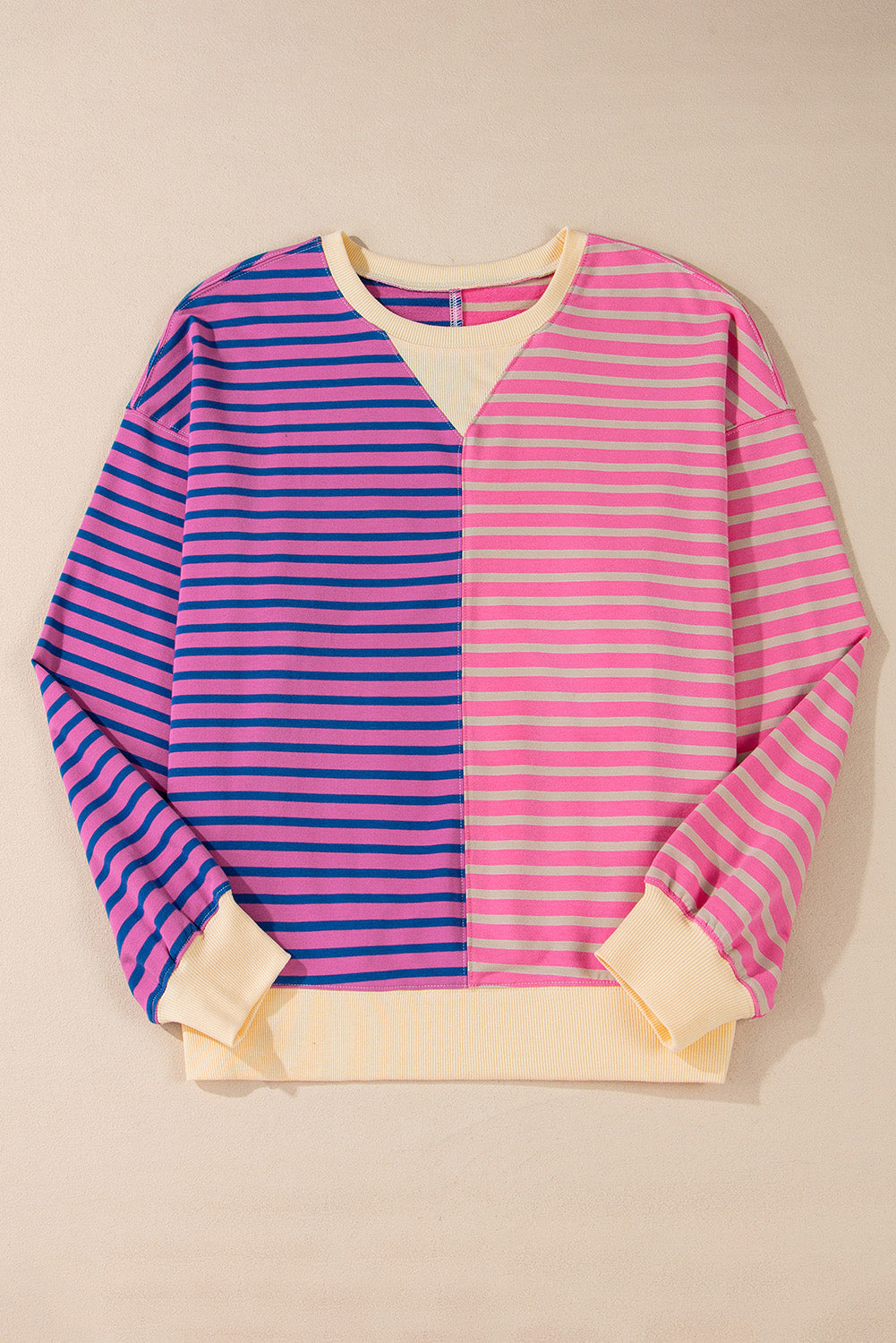 Rosa gestreiftes, lässiges, gestreiftes Colorblock-Sweatshirt mit überschnittener Schulter