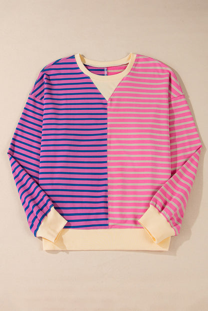Rosa gestreiftes, lässiges, gestreiftes Colorblock-Sweatshirt mit überschnittener Schulter