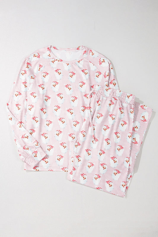 Rosa, locker geschnittenes, zweiteiliges Lounge-Set mit gestreiftem Weihnachtsmann-Print