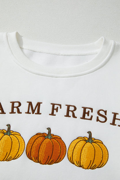 White FARM FRESH PUMPKINS Embroidered Graphic Thanksgiving Holiday Sweatshirt