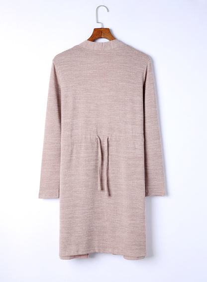 Rosa Tunika-Strickjacke mit offener Vorderseite und Taschen