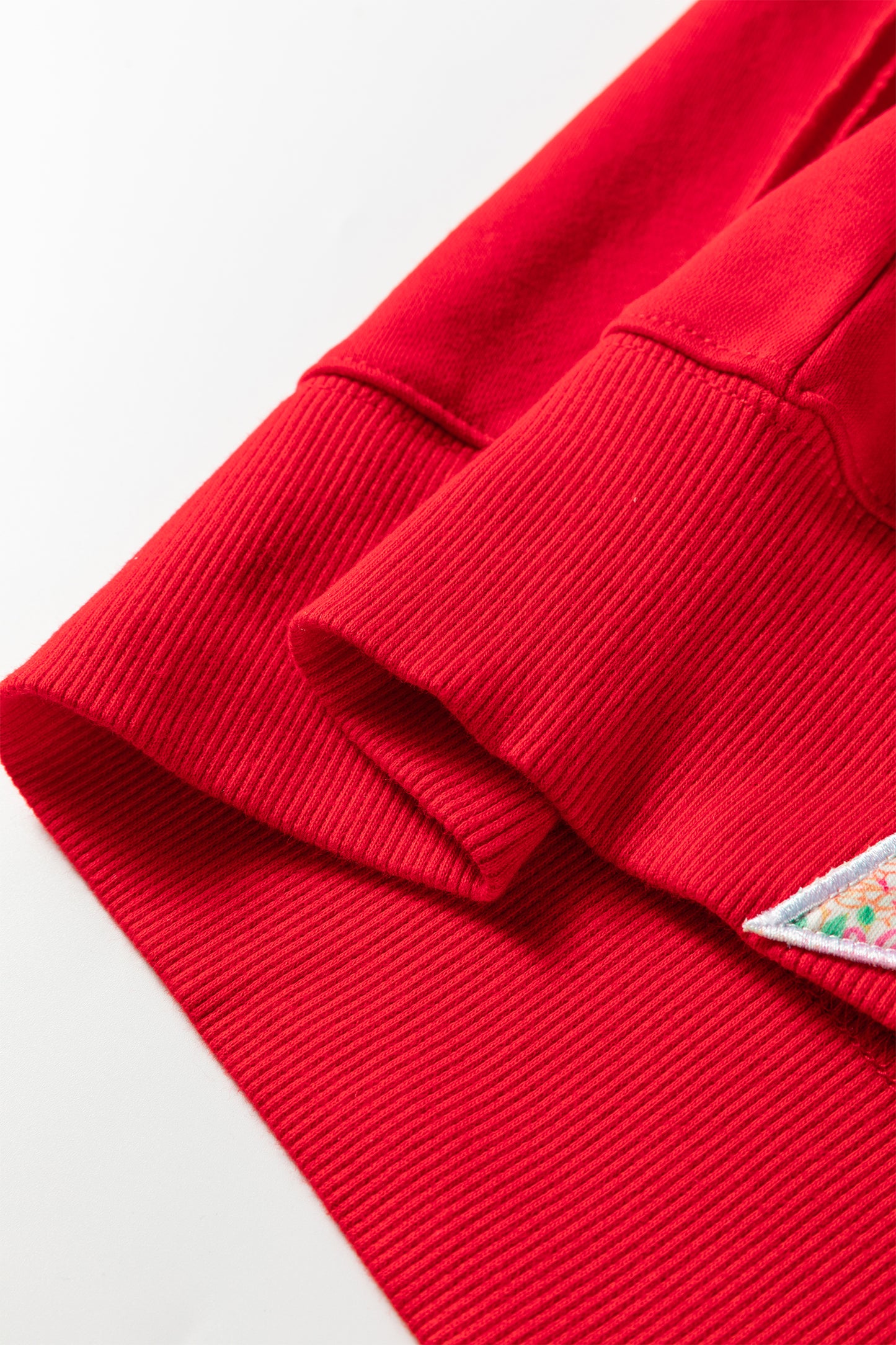 Fiery Red Floral Bow Patched Exposed Seam Patchwork Slit Baggy Sweatshirt