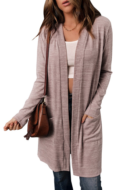 Rosa Tunika-Strickjacke mit offener Vorderseite und Taschen