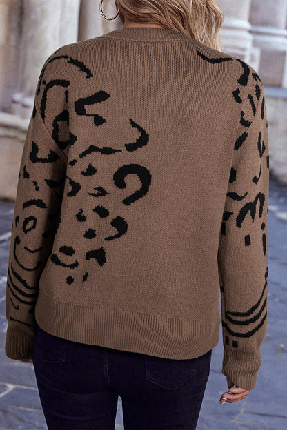 Camel Asymmetric Leopard Print Detail Drop Shoulder Sweater