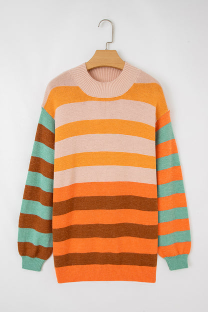 Orange Stripe Color Block High Neck Drop Shoulder Cozy Sweater