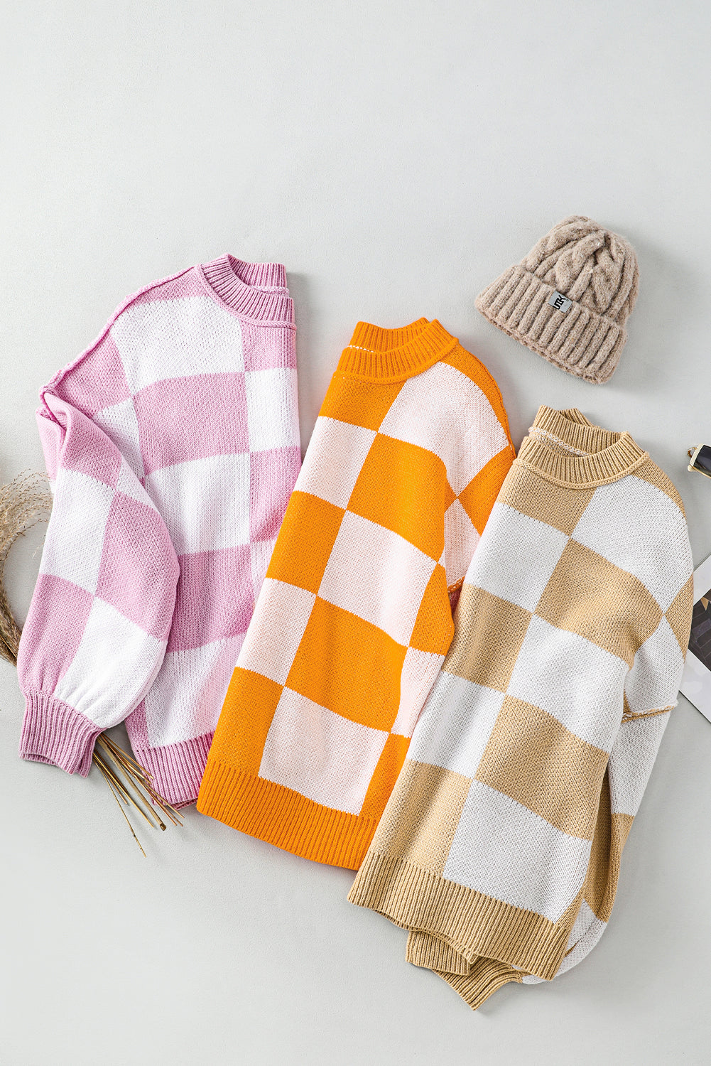 Orange karierter Pullover mit Bischofsärmeln