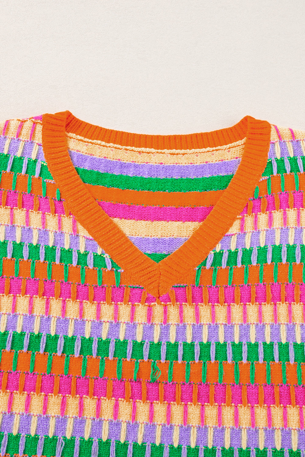 Orangefarbenes, mehrfarbiges Strickpullover-Oberteil mit Flatterärmeln