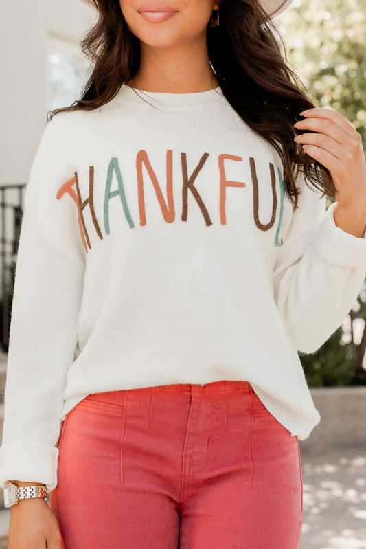 Weißer Pullover mit Stickerei „Thankful Ivory“