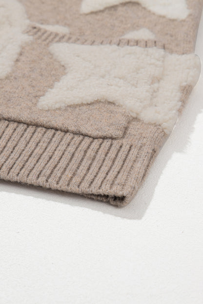 Khakifarbener Sherpa-Strickpullover mit Sternenmuster und Taschen