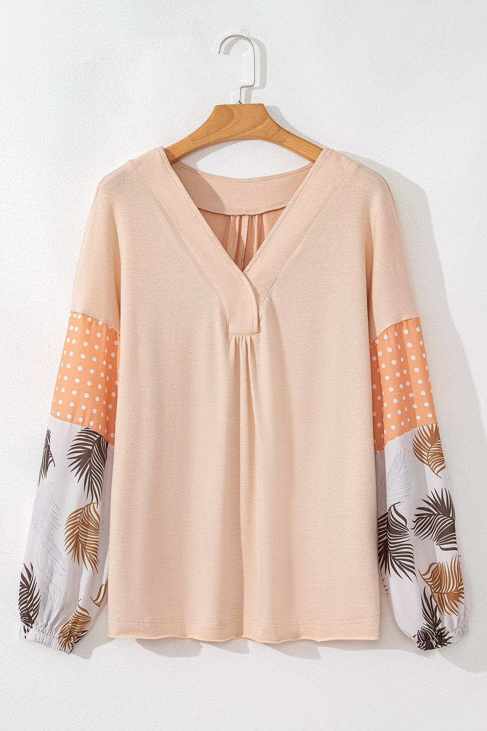 Jet Stream – Lockere Bluse mit Palmenblättern und Punkten, Puffärmeln, Patchwork, V-Ausschnitt